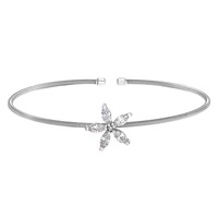 Rhodium Finish Sterling Silver Cable Cuff Flower Bracelet