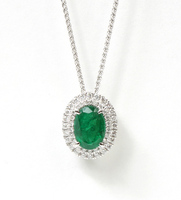 18K White Gold Diamond and Oval Emerald Pendant